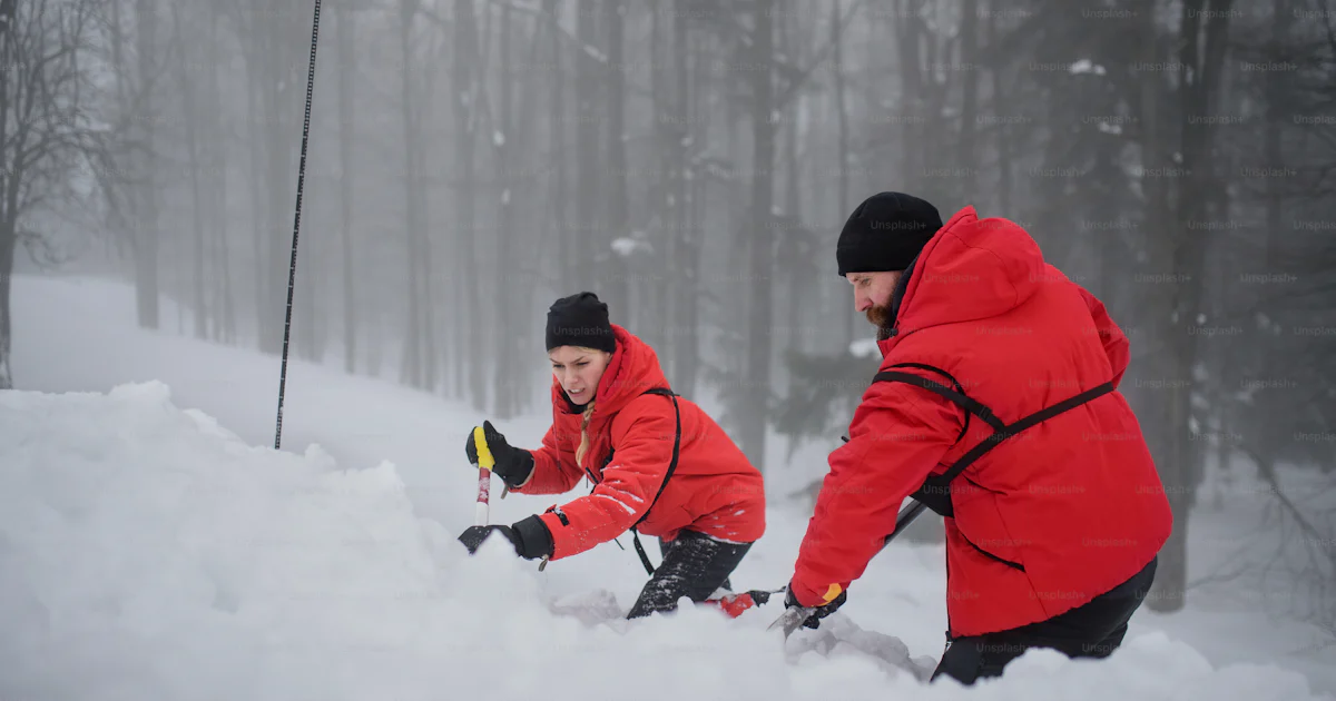 Dig Snow Mountain rescue service on operation outdoors in winter in forest ...