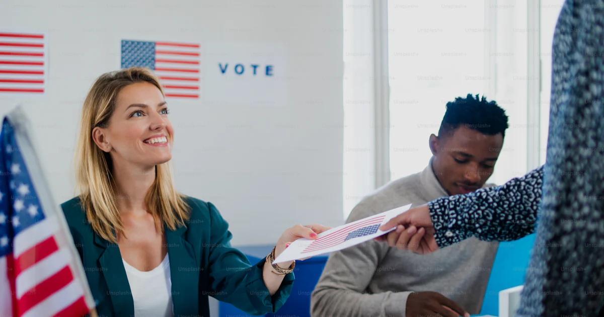 Polling Plus Group of people voting in polling place, usa elections and coronavirus ...