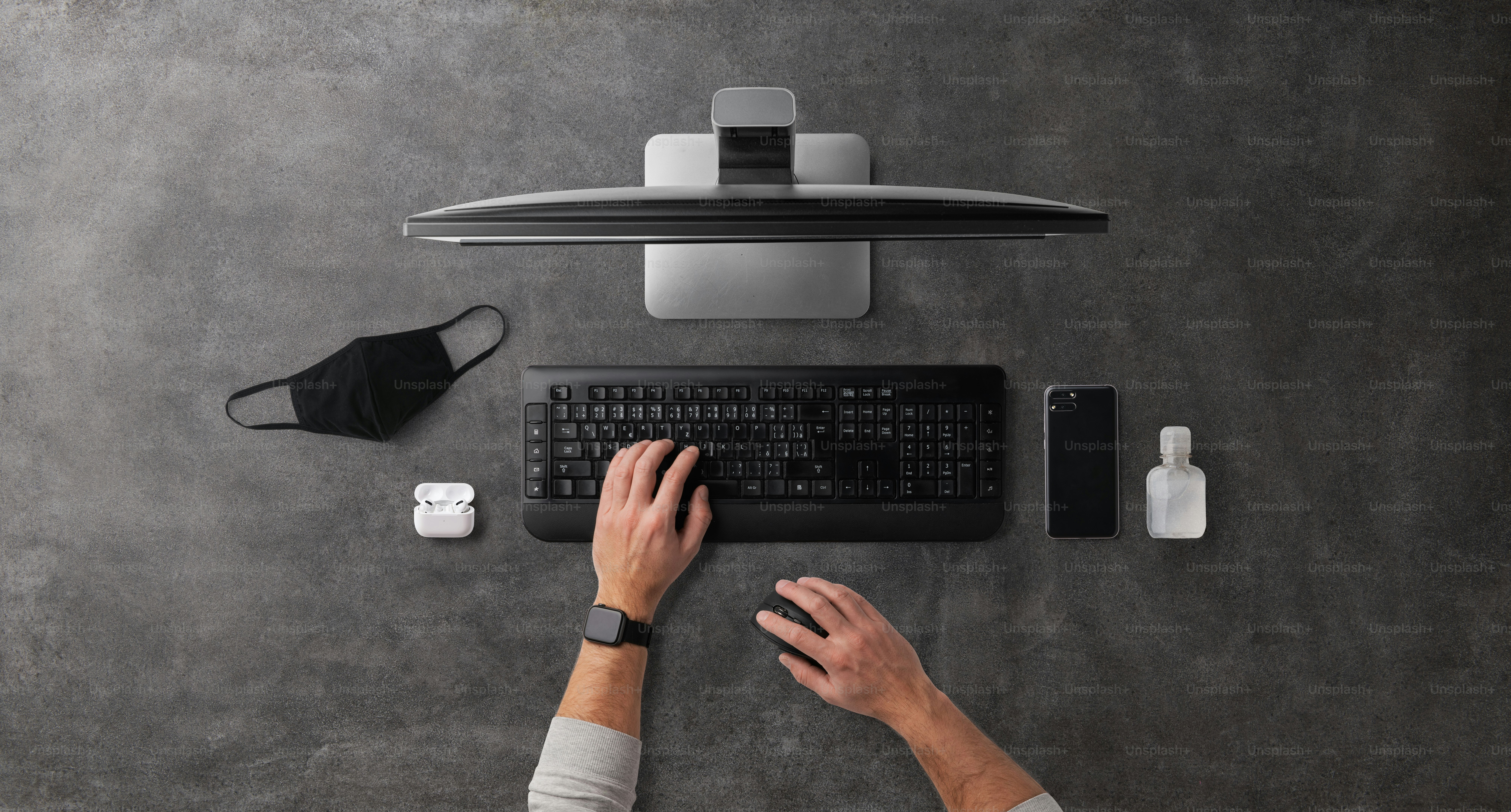 Flat lay top view desk working space with laptop, home office, business and coronavirus concept.