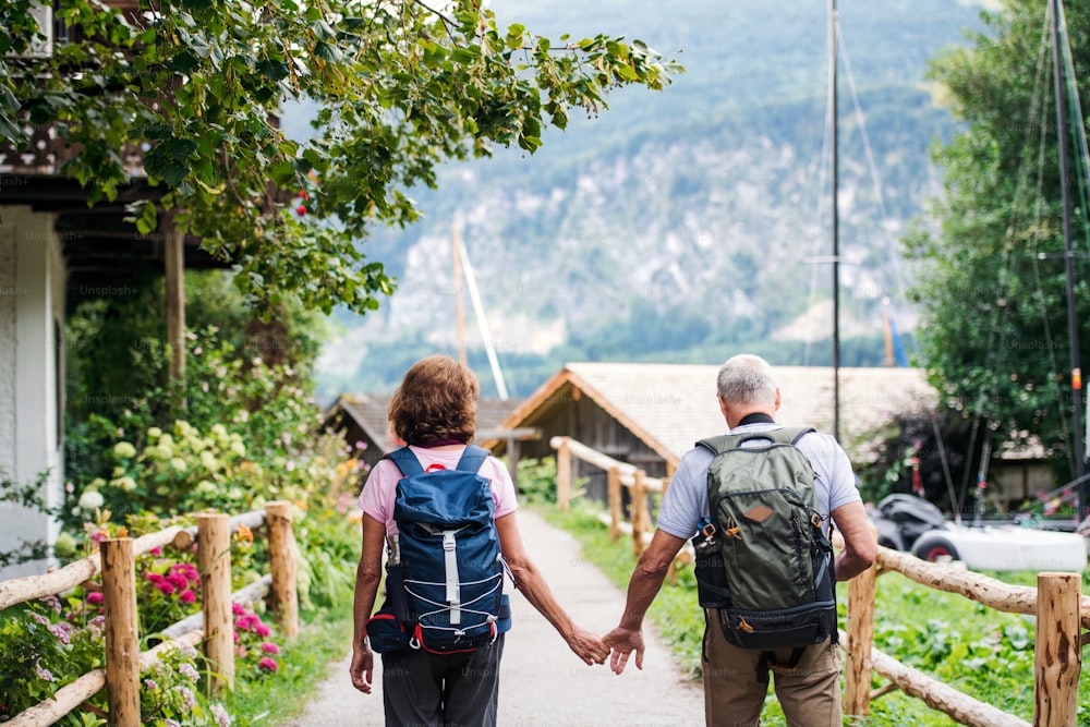 A rear view of senior pensioner couple hiking, walking and holding hands.