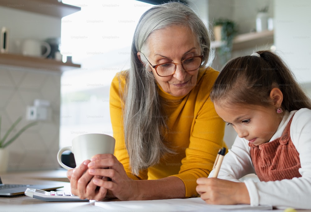 A small girl with senior grandmother doing homework at home.