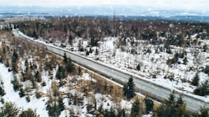 Aerial view of road and coniferous trees in forest in winter nature.