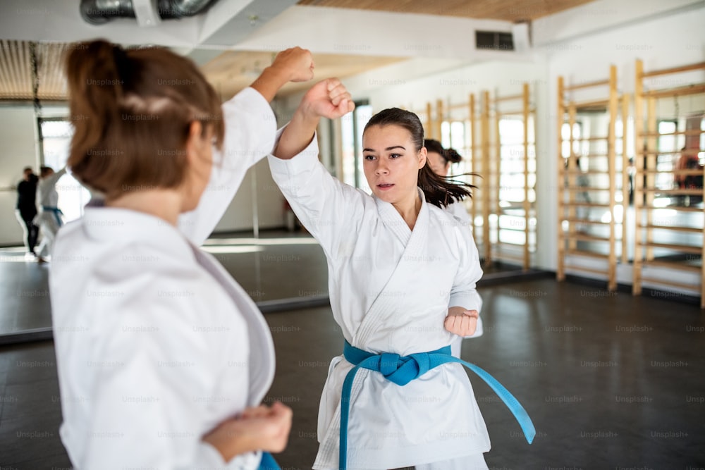 Dos mujeres jóvenes practicando karate en el gimnasio.