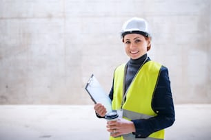 A woman engineer standing against concrete wall on construction site. Copy space.