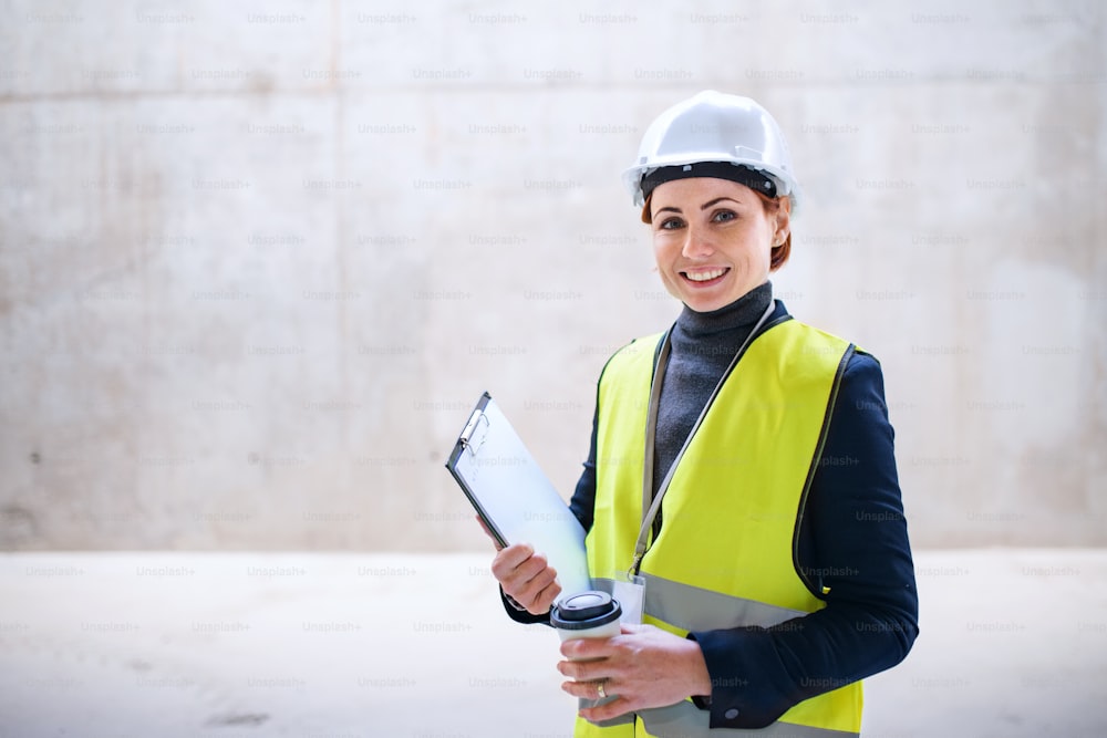 A woman engineer standing against concrete wall on construction site. Copy space.