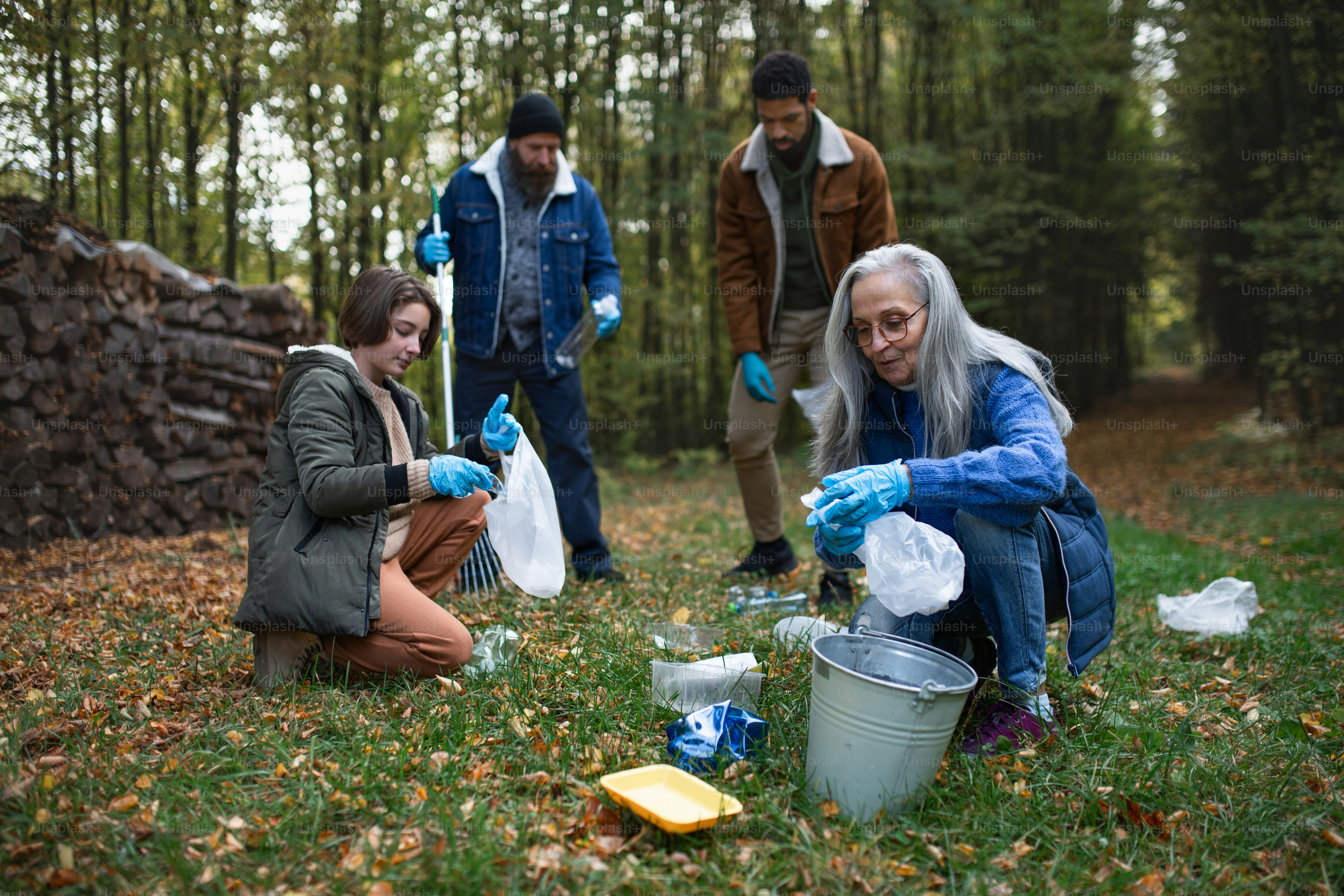 Un grupo de voluntarios limpiando el bosque de desechos, concepto de servicio comunitario
