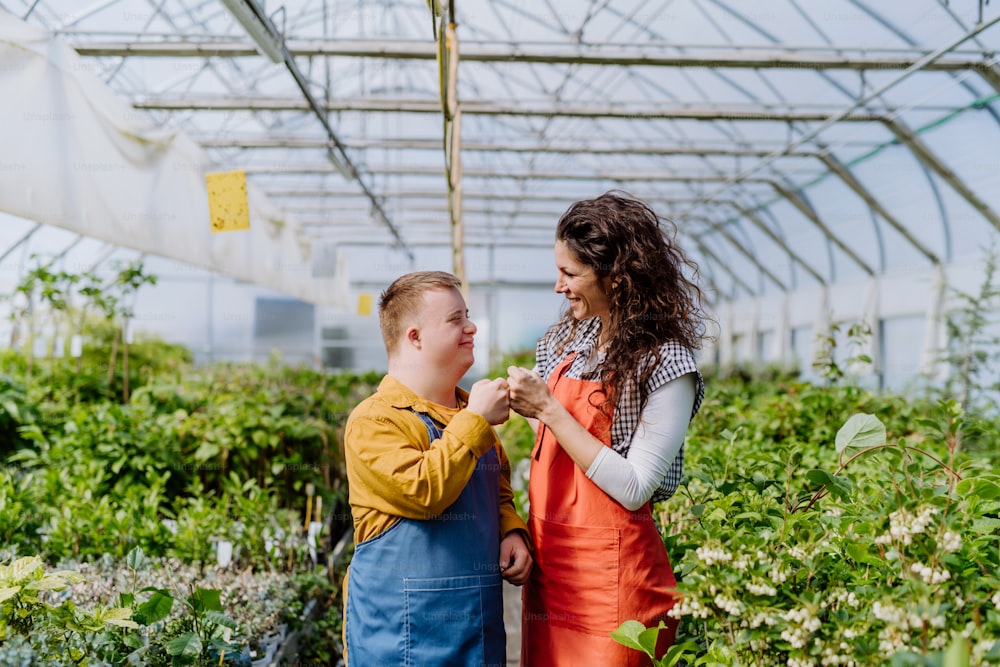 A woman florist fist bumping with her young colleague with Down syndrome in garden centre.