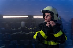 Une pompière adulte de taille moyenne met un casque à l’intérieur d’une caserne de pompiers la nuit.