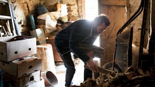 Povero uomo maturo che raccoglie legna da ardere in un capannone a casa, concetto di povertà.
