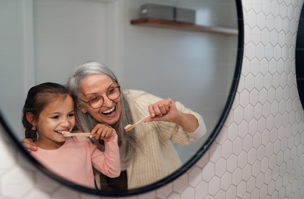 A grandmother with granddaughter standing indoors in bathroom, brusing teeth and looking at mirror.