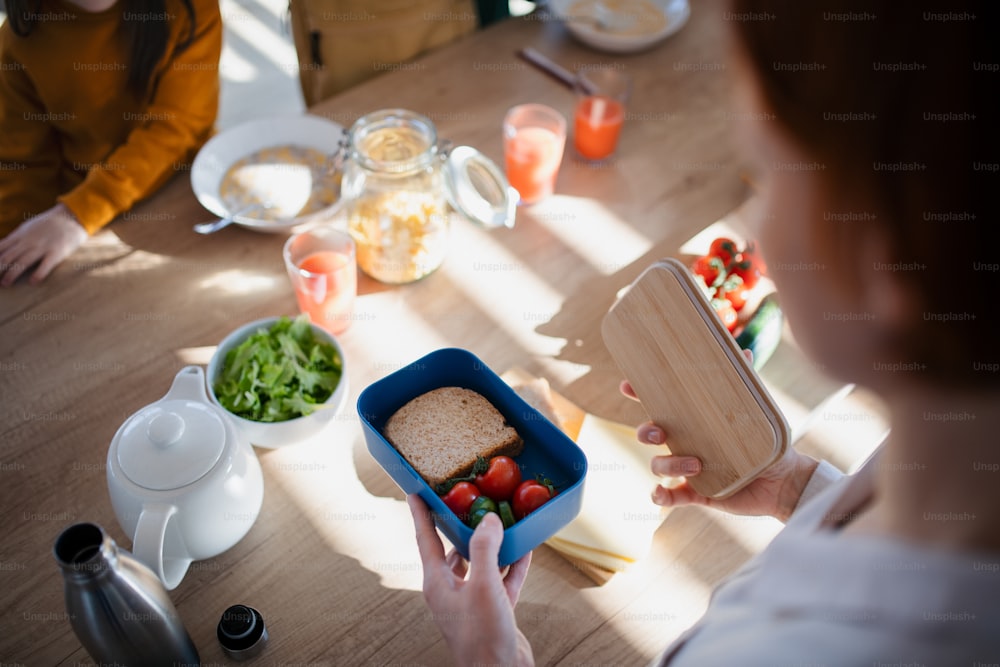 Un gros plan d’une mère préparant une collation dans une boîte à lunch dans la cuisine de la maison.