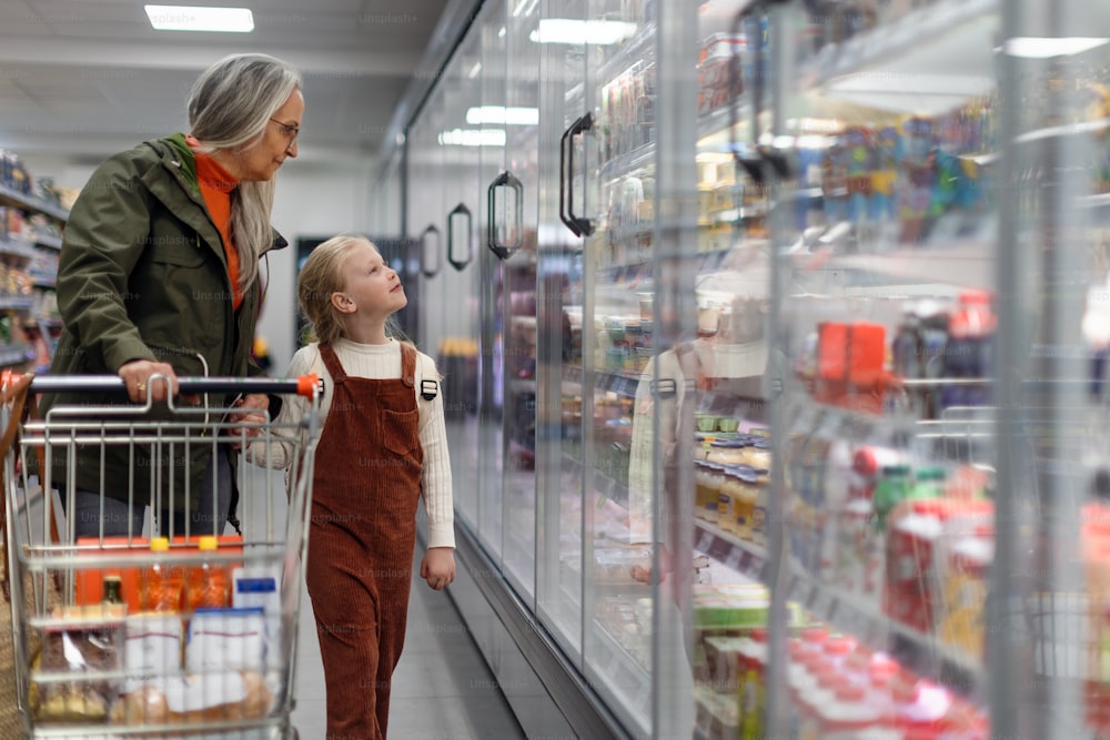 A grandmother with her granddaughter buying food in supermarket.