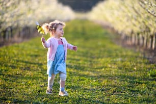 Side view of small toddler girl running outdoors in orchard in spring, holding paper bee.