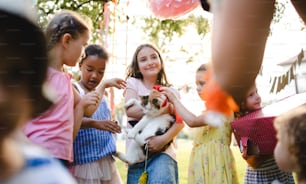 Small children outdoors in garden in summer, holding present pet cat. A celebration concept.