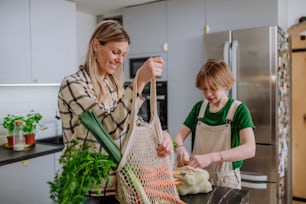 A mother unpacking local food in zero waste packaging from bag with help of daughter in kitchen at home.