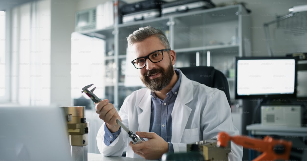 A robotics engineer working on desing of modern robotic arm adn sitting ...