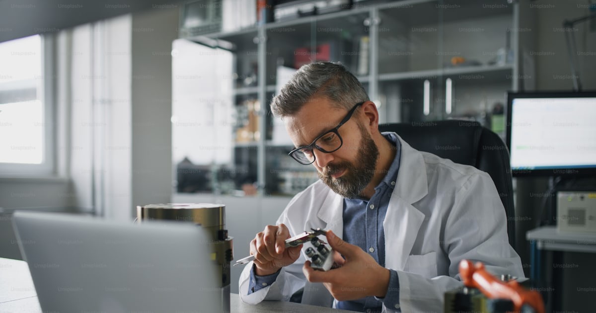 A robotics engineer working on desing of modern robotic arm adn sitting ...