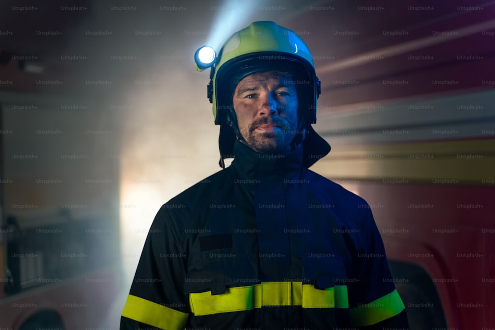 A close-up of firefighter with fire truck in background at night.
