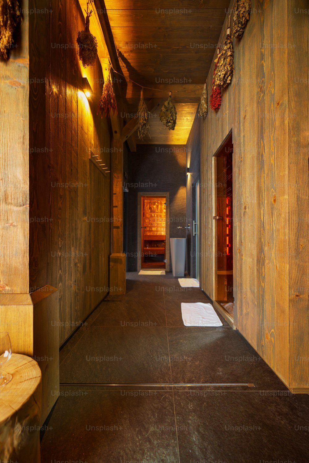 An interior of a luxury spa wellness center with sauna.
