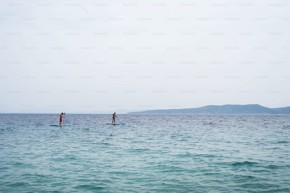 Männer, die ihre Freizeit verbringen, während sie im Sommer auf einem SUP auf See paddeln. Sommerurlaubskonzept.