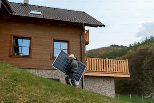 Un trabajador que lleva un panel solar para instalar un sistema de módulo solar en la casa.