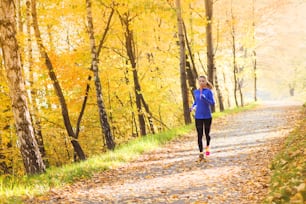 Aktive und sportliche Läuferin trainiert in bunter Herbstnatur