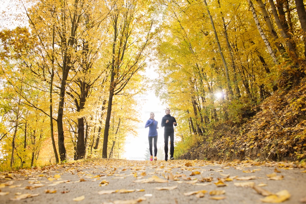 Young running couple jogging in autumn nature