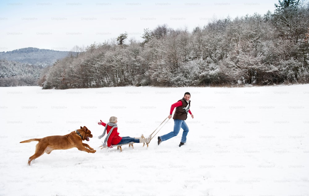 Frau und Mann spazieren mit Hund in winterlich verschneiter Landschaft