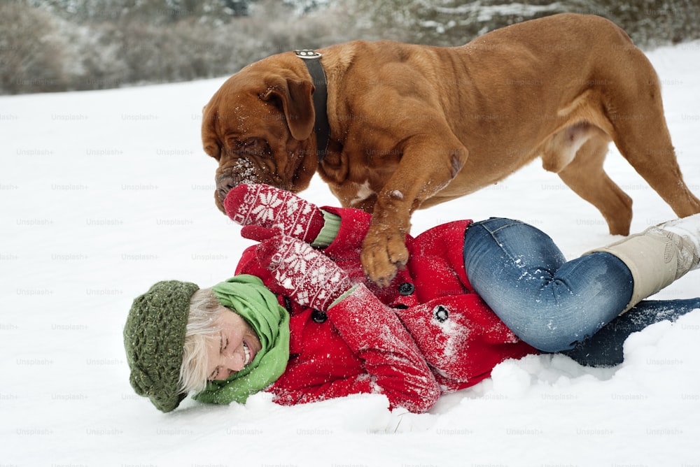 Une fille blonde s’amuse avec son gros chien brun dans la neige