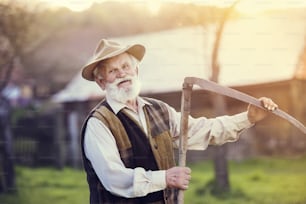 Vieux fermier avec une faux faisant une pause dans la tonte de l’herbe