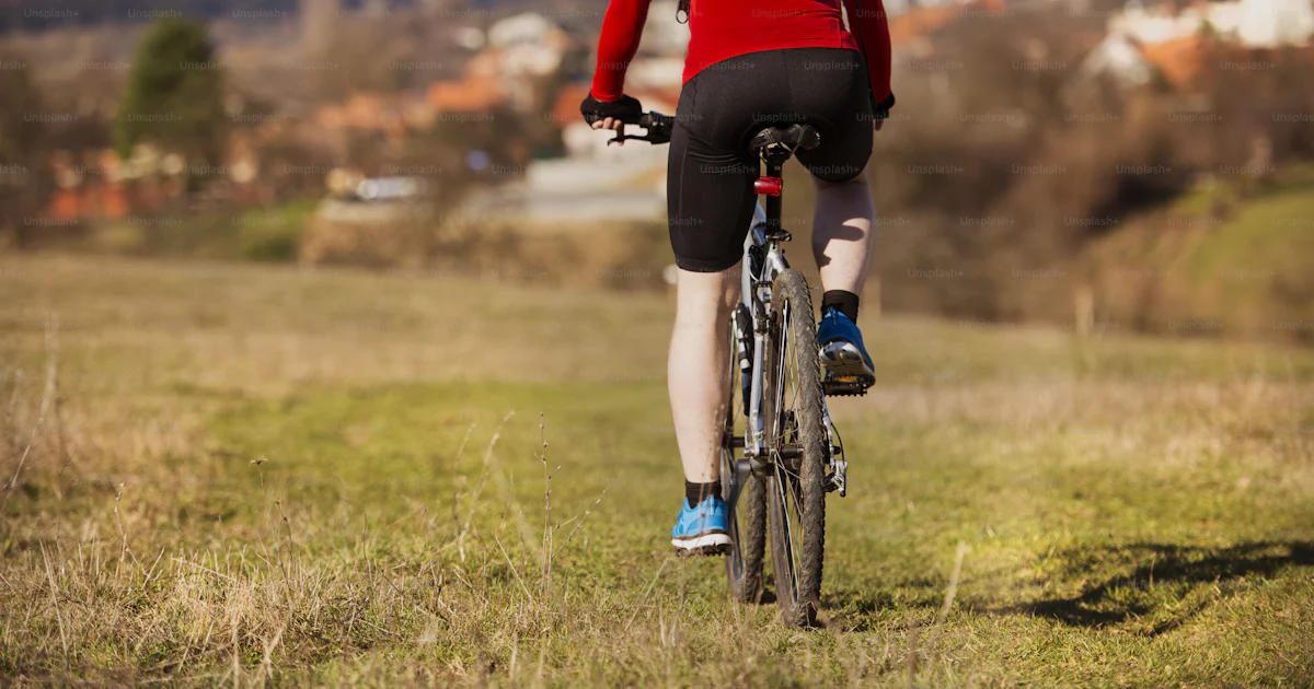 Bicycle Rider Rear View Rear view of cyclist man riding mountain bike on outdoor trail in ...