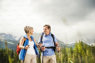 美しい山々でハイキングをするシニア観光客カップル