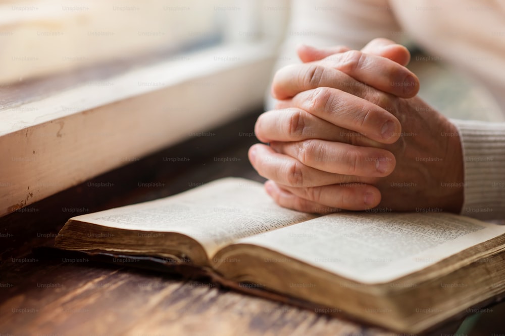 Mulher irreconhecível segurando uma bíblia em suas mãos e orando