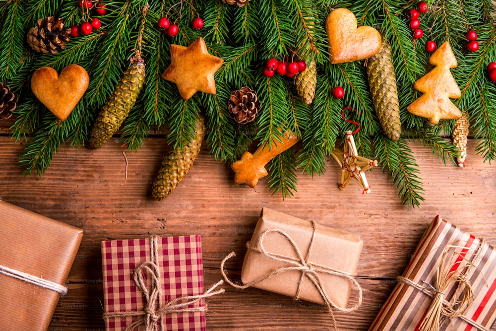 Christmas composition. Studio shot on wooden background.