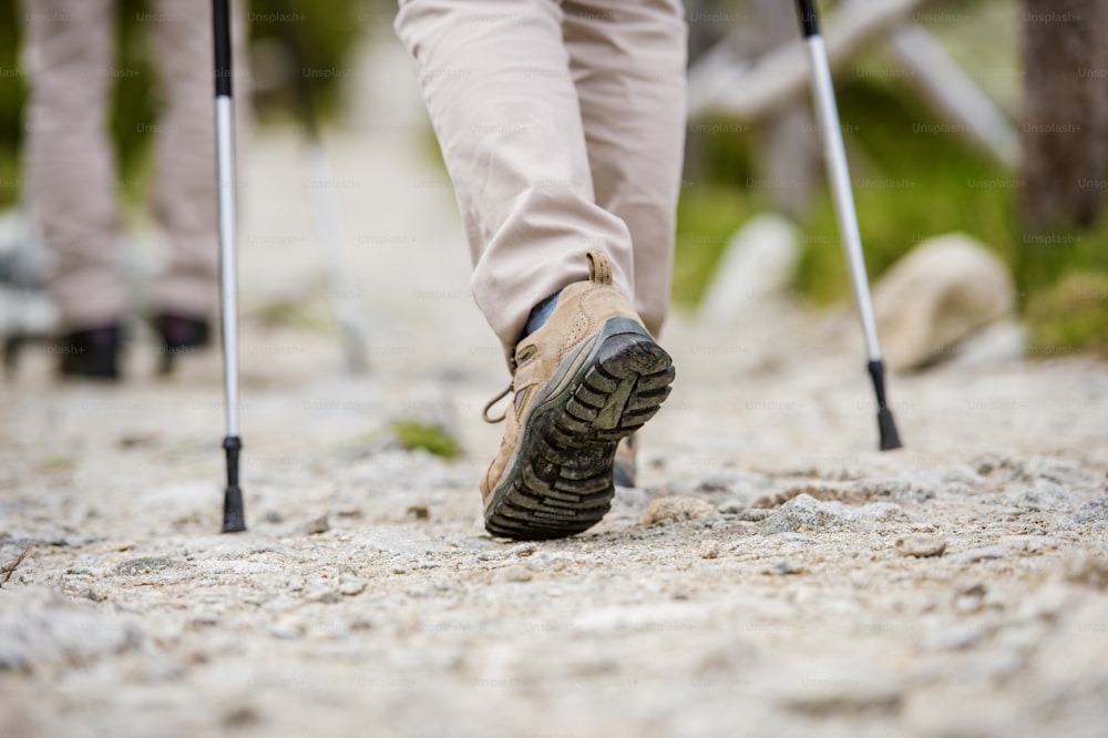 Close-up of legs of senior couple hiking at the beautiful mountains