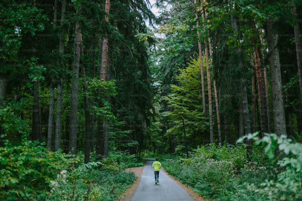 Man running and exercising for trail run on a path in old green forest.