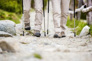 Close-up of legs of senior couple hiking at the beautiful mountains
