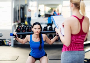 Two young beautiful women working out in gym