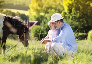 Retrato do jovem pai feliz com seu dauhter no campo ao ar livre, alimentando o pônei