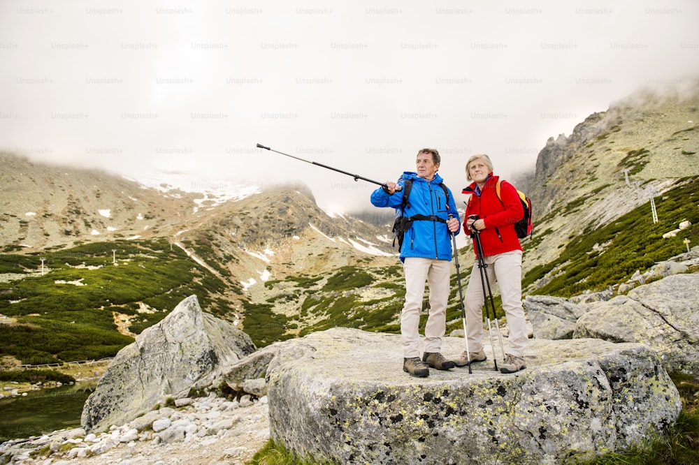 Casal de turistas idosos caminhando nas belas montanhas