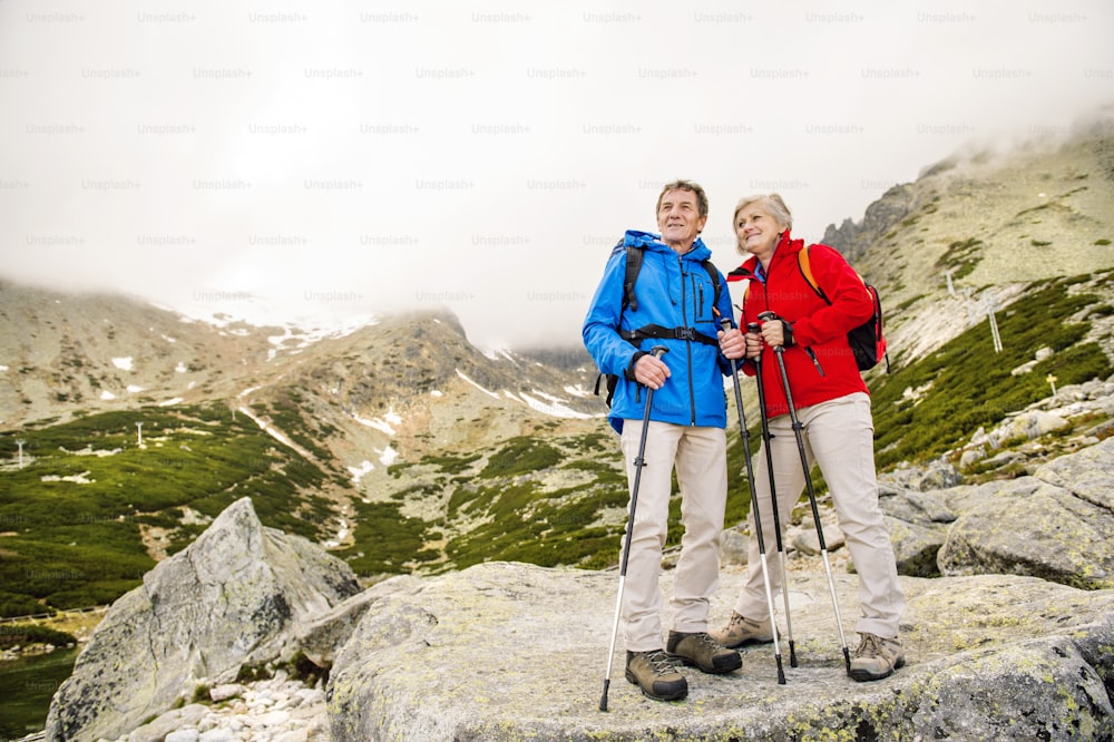 Casal de turistas idosos caminhando nas belas montanhas