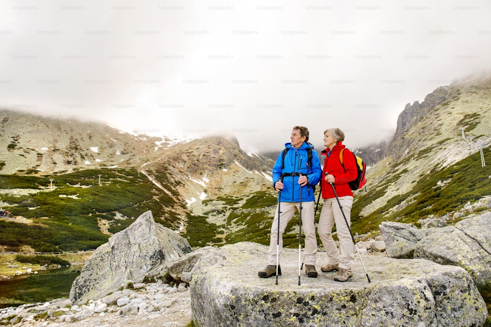 아름다운 산에서 하이킹을 하는 노인 관광객 커플
