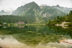 Beautiful scenery of high mountain with lake and high peak. High Tatras Slovakia