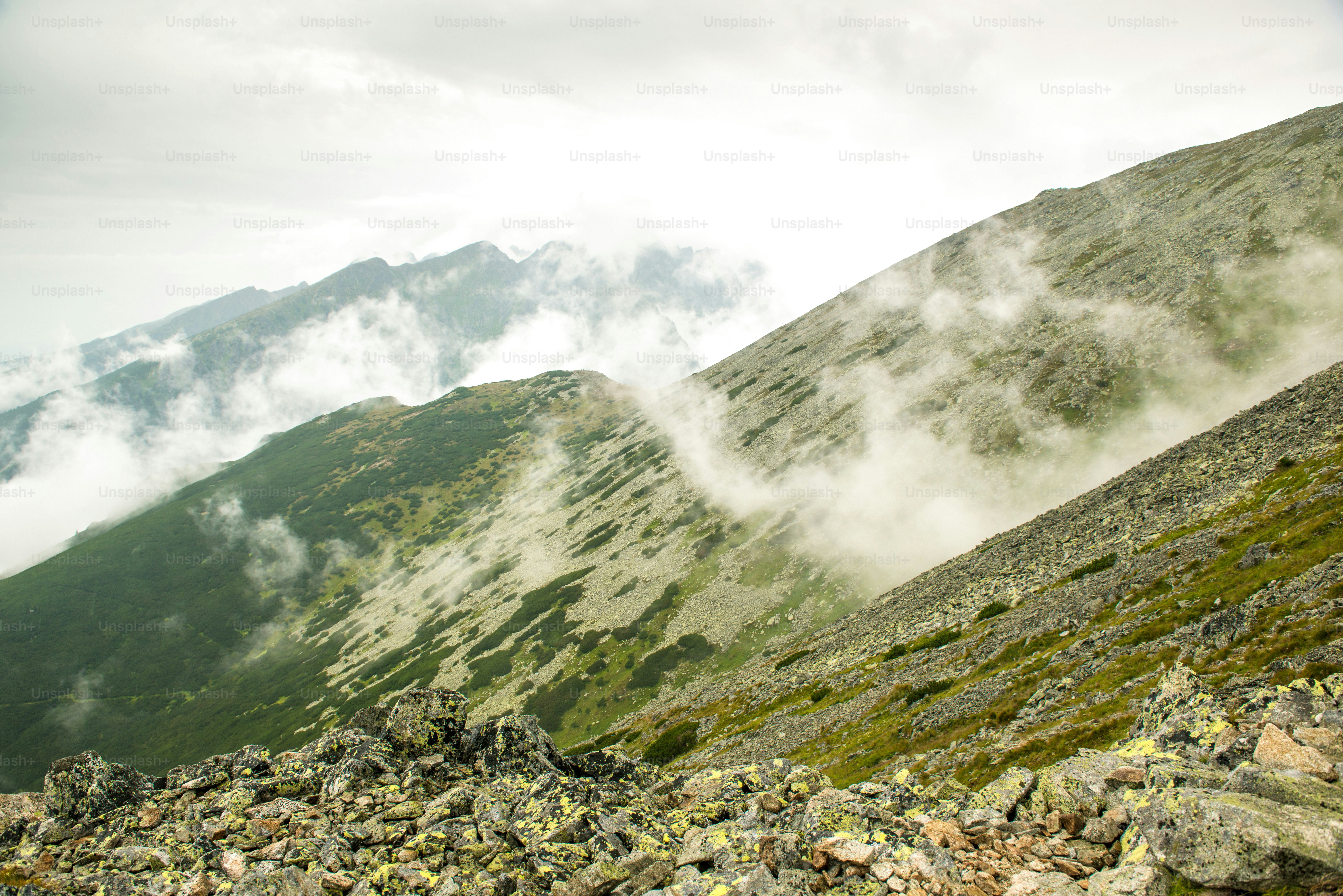 Neblige und bewölkte Berge nach Regen, regnerischer nebliger Tag, Hohe Tatra Slowakei.  Wunderschöne Berglandschaft.