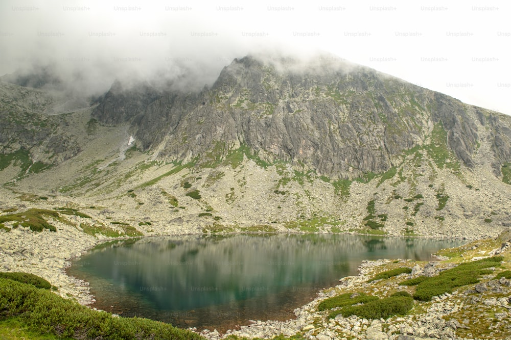 Beautiful scenery of high mountain with lake and high peak. High Tatras Slovakia