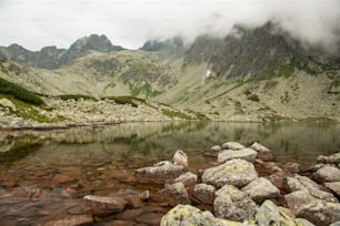 Beautiful scenery of high mountain with lake and high peak. High Tatras Slovakia