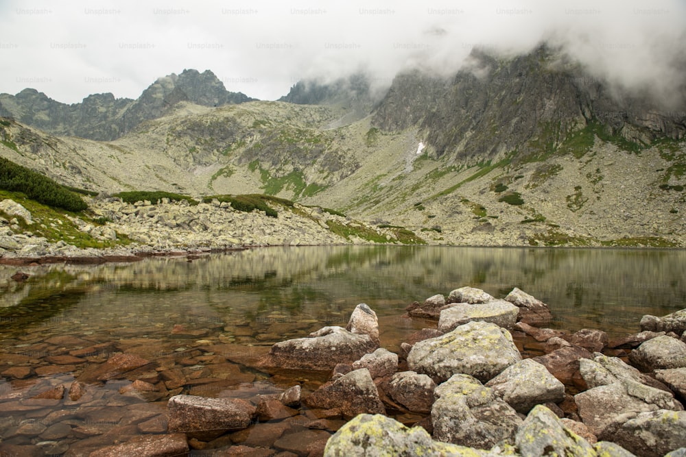 Beautiful scenery of high mountain with lake and high peak. High Tatras Slovakia