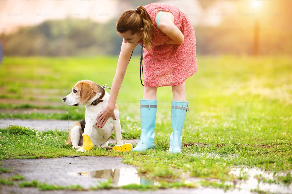 Young woman in dress and turquoise wellies walk her beagle dog in a park