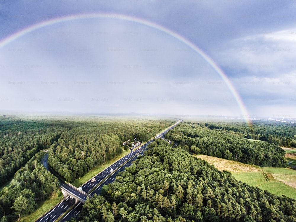 Aerial view of highway full of cars and trucks in the middle of green forest, colorful rainbow, city. Netherlands