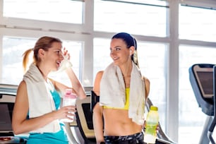 Deux femmes attirantes dans une salle de sport avec des bouteilles d’eau et des serviettes pendant une pause, journée ensoleillée